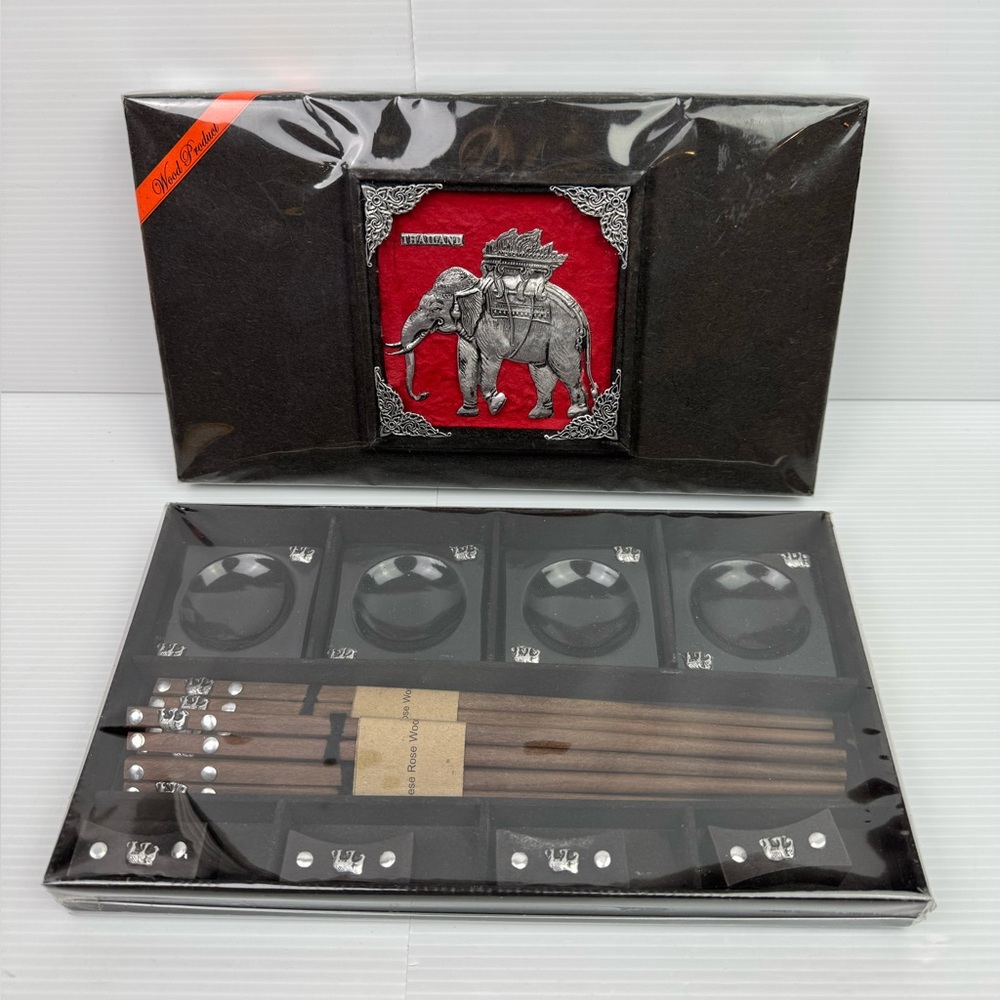 NEW Thailand Natural Handmade Siamese Rose Wood Chopsticks, Holders, Plates Sets